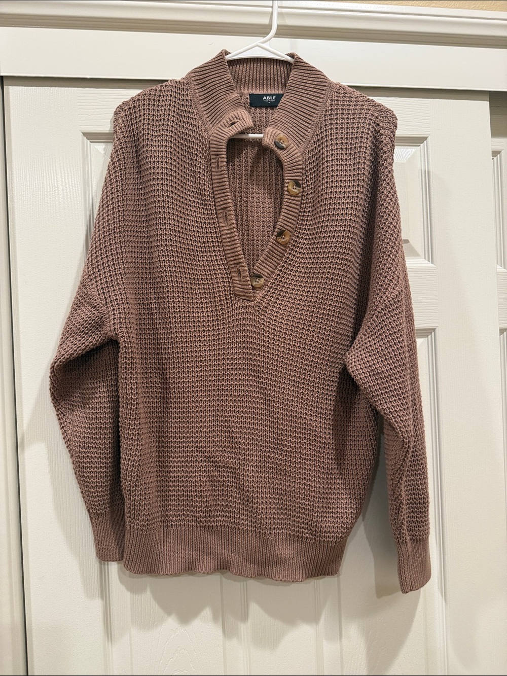 Able Mauve Button-Placket V-Neck Knit Sweater